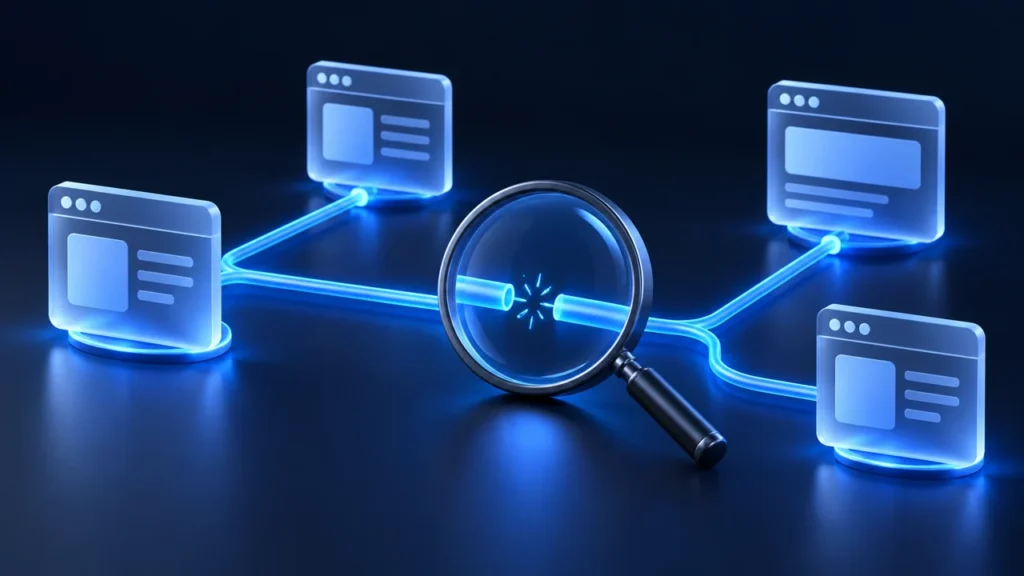 A magnifying glass reveals a gap between connected webpage tiles.