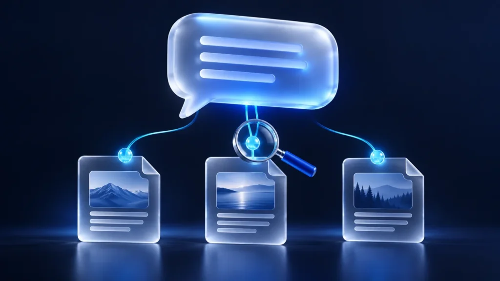 A conversation bubble connects to three supporting source documents.