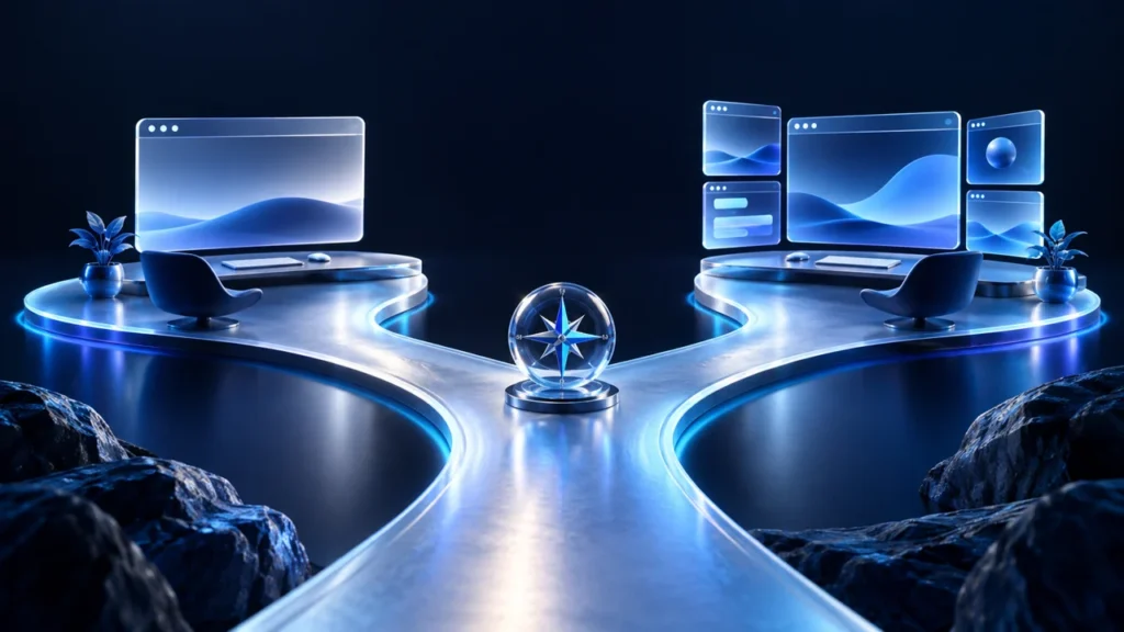 Two paths lead to simple and multi-panel workstations beside a compass.
