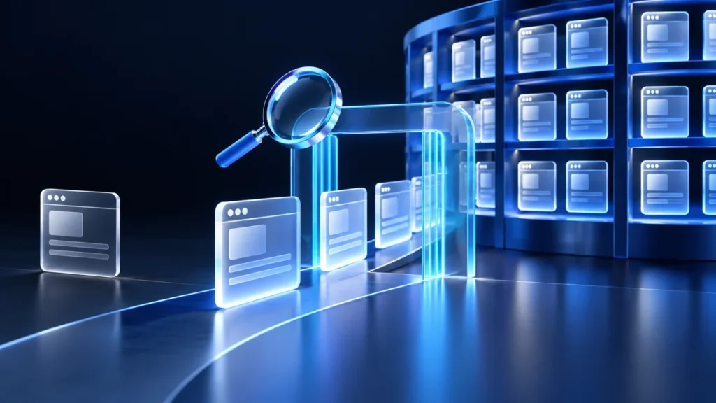Webpage tiles pass through a gate into an organized search library.