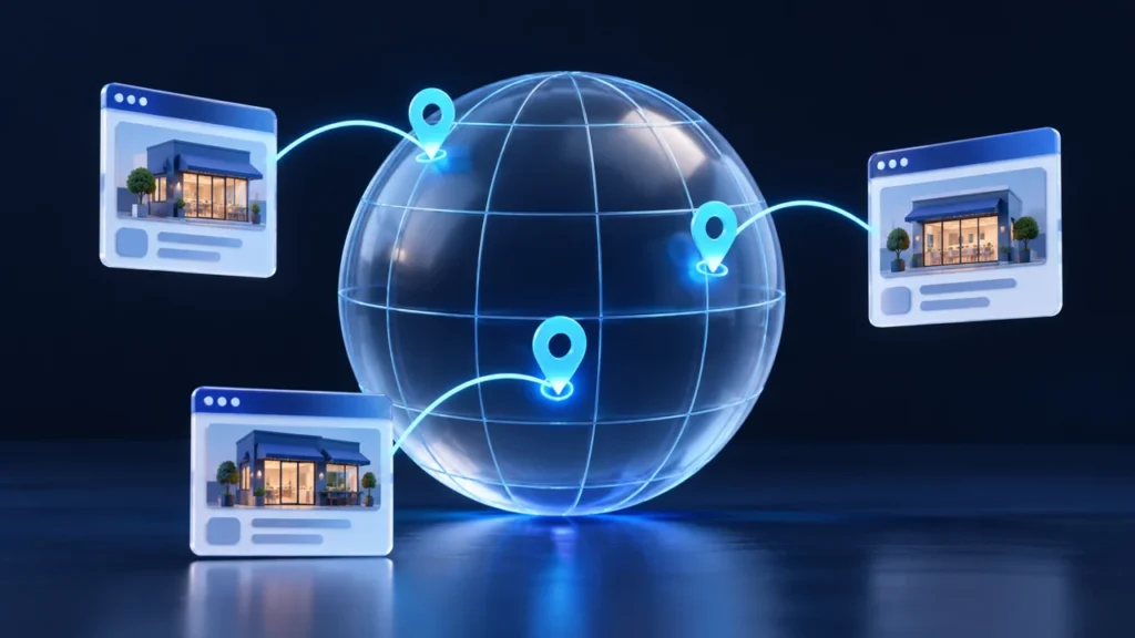 A globe connects regional locations with webpages and storefronts.