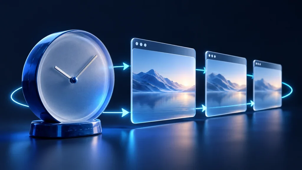 A clock and a sequence of webpage snapshots represent ongoing monitoring.