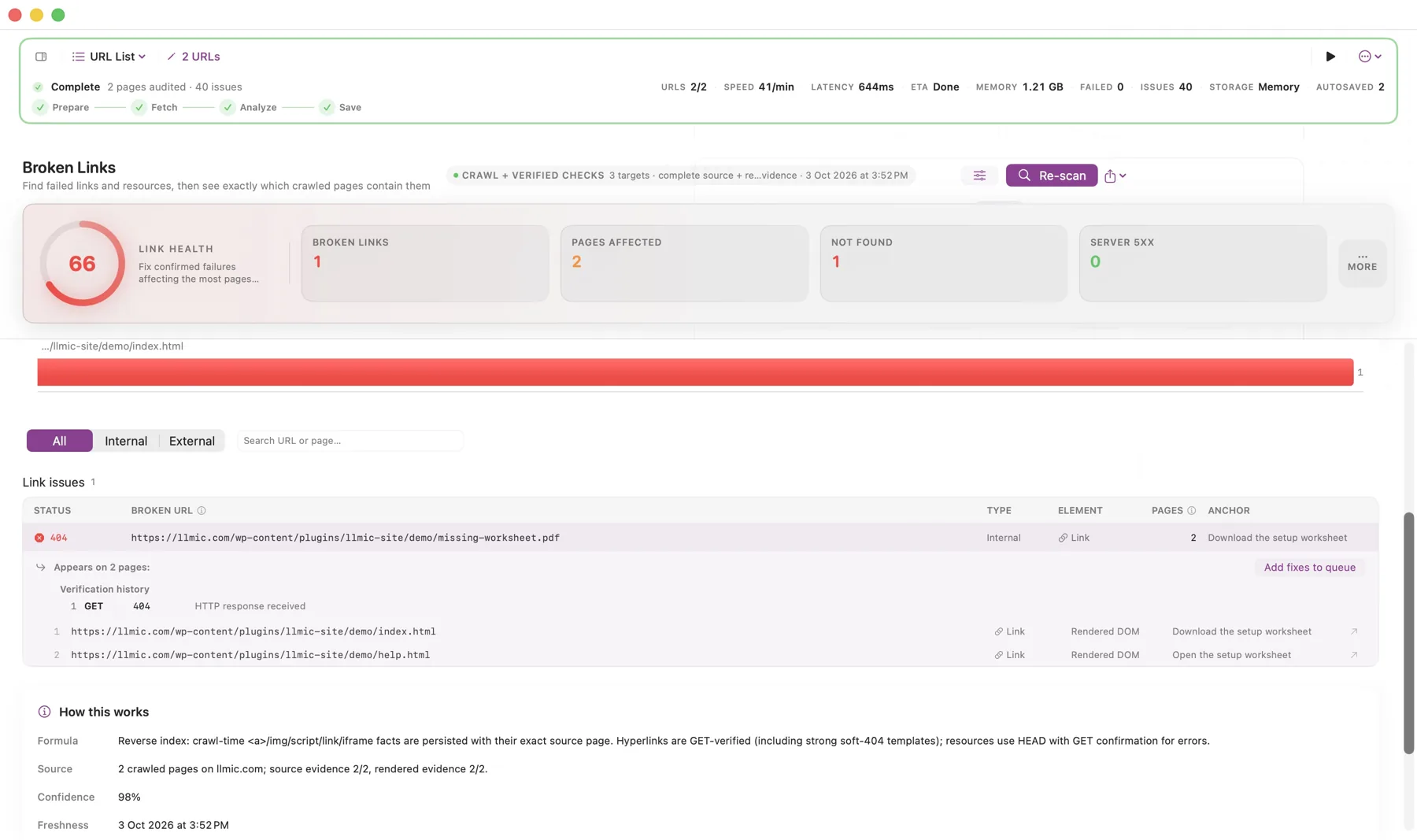 Before: LLMIC shows one missing destination and the two source pages linking to it.