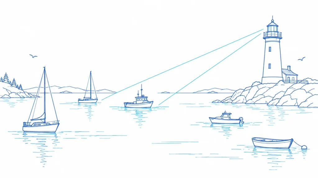 A lighthouse directs a beam toward boats on the water.