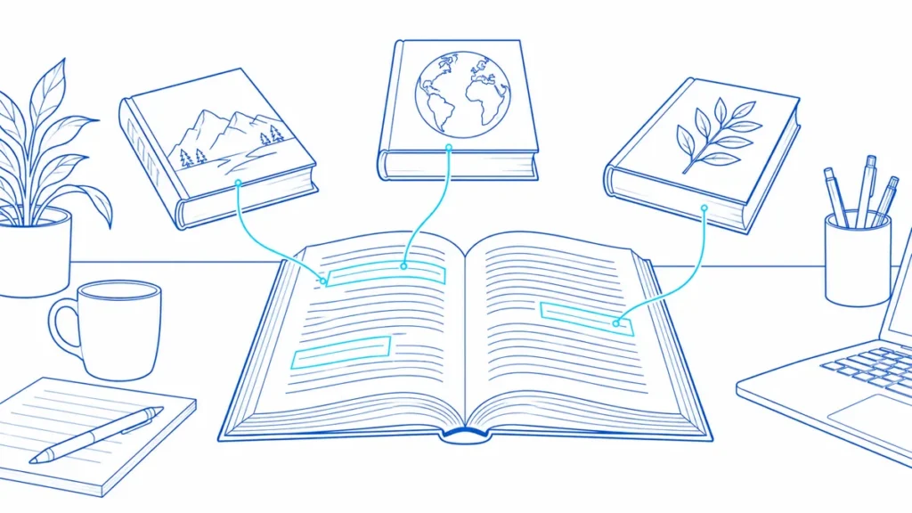 An open research book is connected to supporting reference books.
