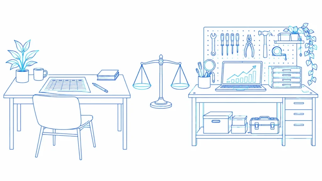 A simple paper-based desk beside an equipped workbench compares two working approaches.
