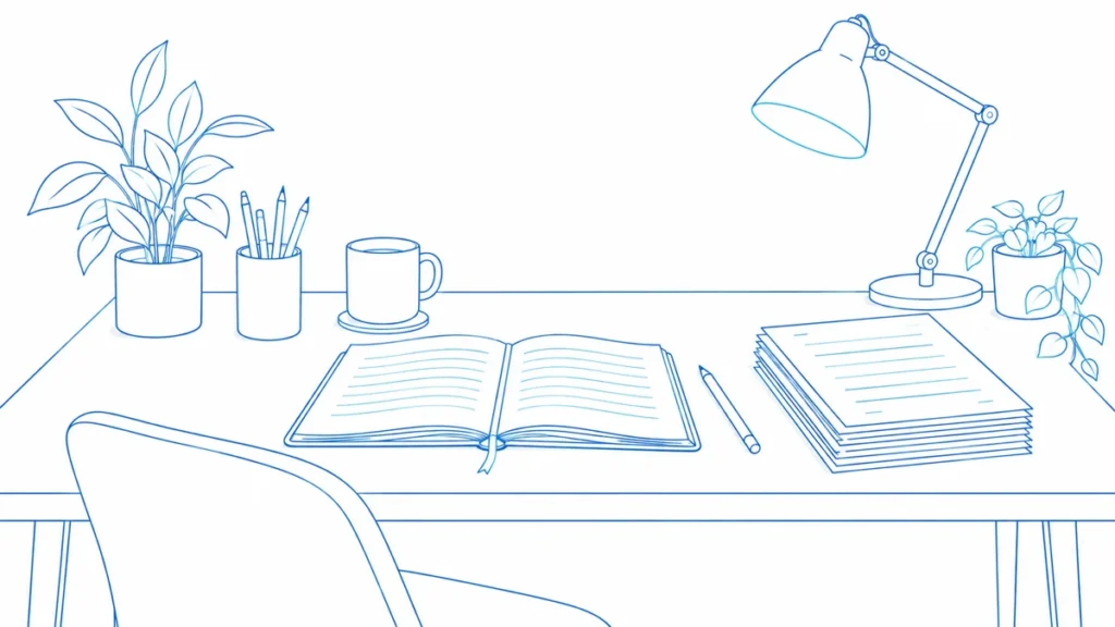 An open notebook, pencil and organized pages on an editorial desk.