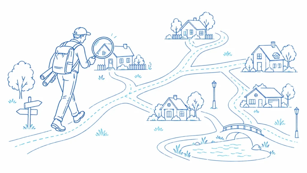 A surveyor follows a branching map to inspect houses along different paths.