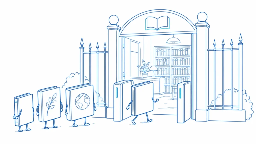 Books pass through a library gate toward organized shelves.