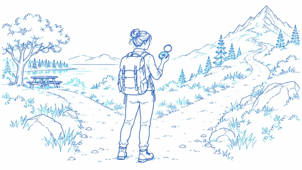 A walker uses a compass at a fork between different destinations.