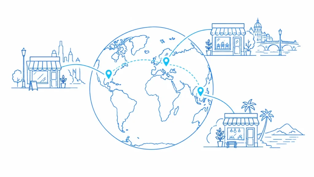 A globe connects storefronts across different regions.