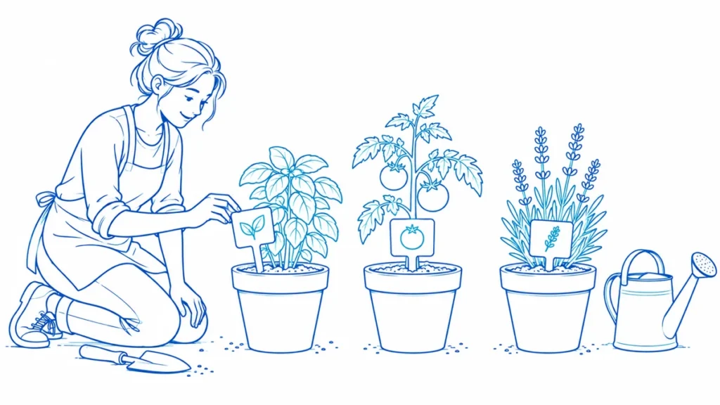 A gardener matches plant markers to different pots.
