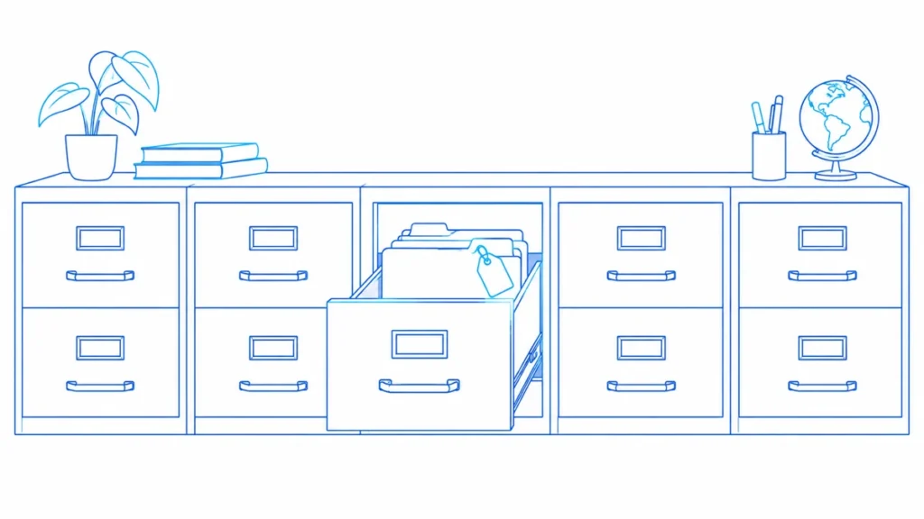 Open archive drawers show folders and identifying tags.