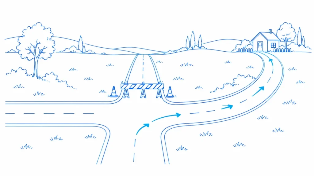 A road barrier diverts a route toward the same house by a different path.
