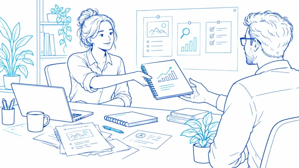An analyst organizes observations and shares a report across a desk.